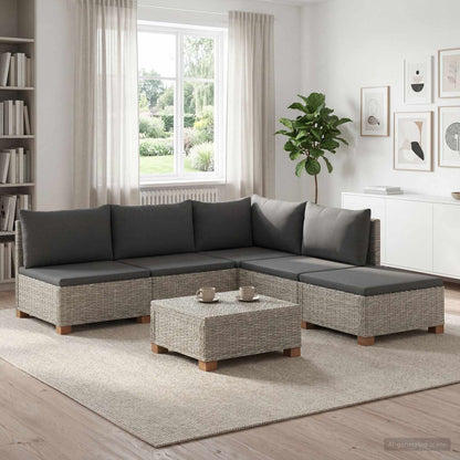 6 pcs Rattan Lounge Set with Cushions GENDT Natural Rattan Kubu Grey 3x middle + footstool + corner + table
