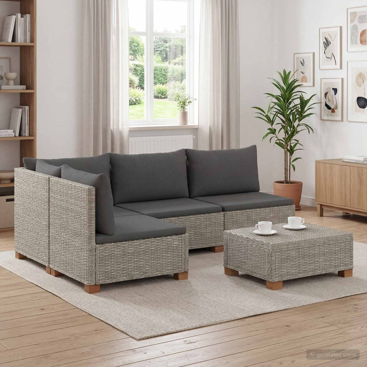 6 pcs Rattan Lounge Set with Cushions GENDT Natural Rattan Kubu Grey 3x middle + corner + table