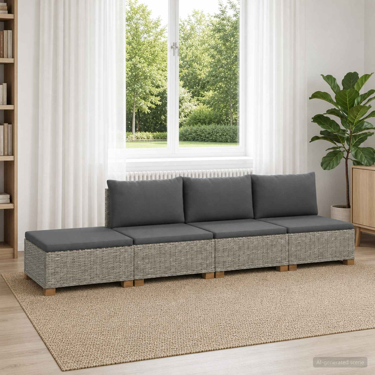 6 pcs Rattan Lounge Set with Cushions GENDT Natural Rattan Kubu Grey 3x middle + footstool