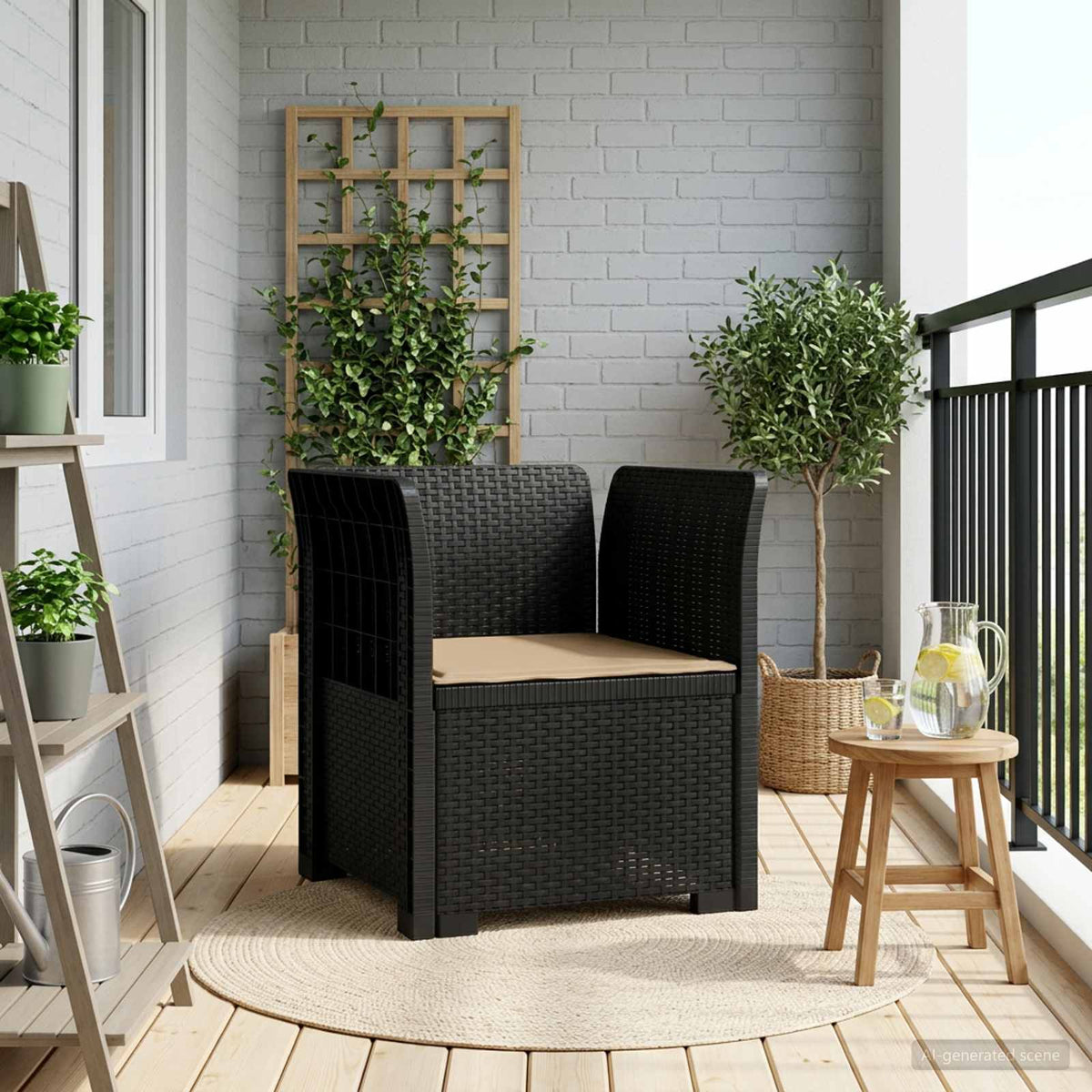 1-Seater with Cushion Rattan Look PP Anthracite Armchair with taupe seat cushion