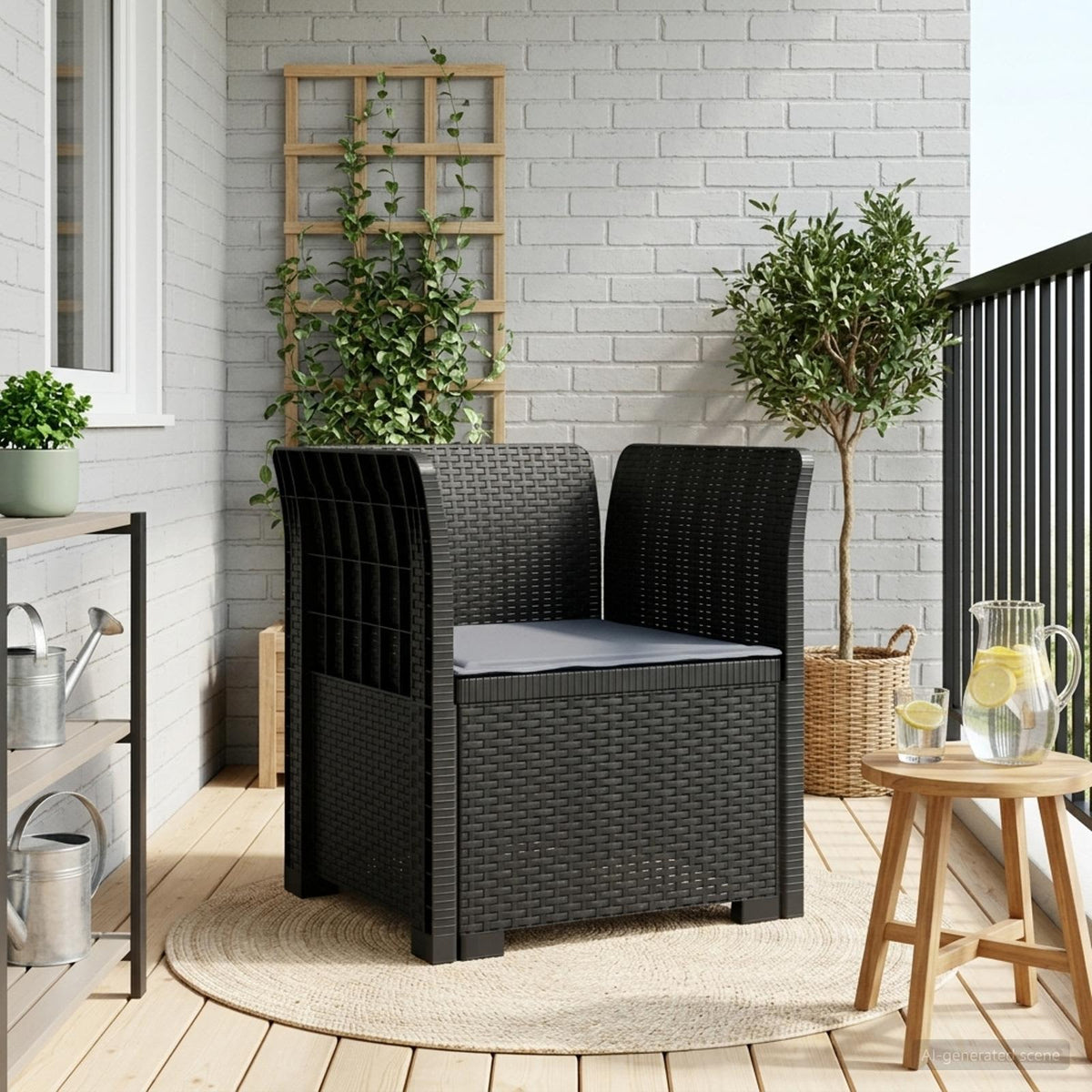 1-Seater with Cushion Rattan Look PP Anthracite Armchair with light grey seat cushion