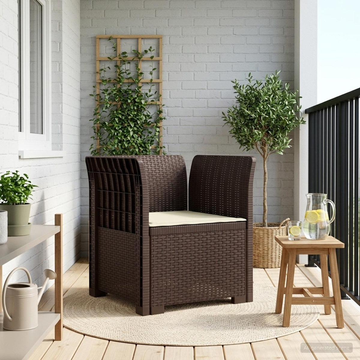 1-Seater with Cushion Rattan Look PP Brown Armchair with cream seat cushion