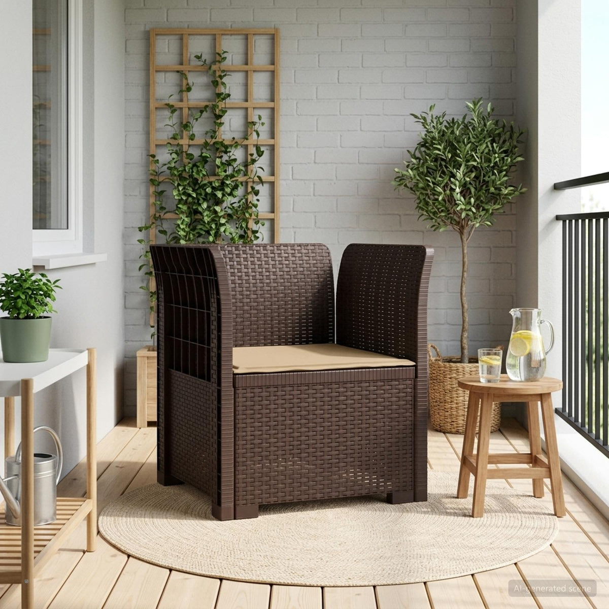 1-Seater with Cushion Rattan Look PP Brown Armchair with taupe seat cushion