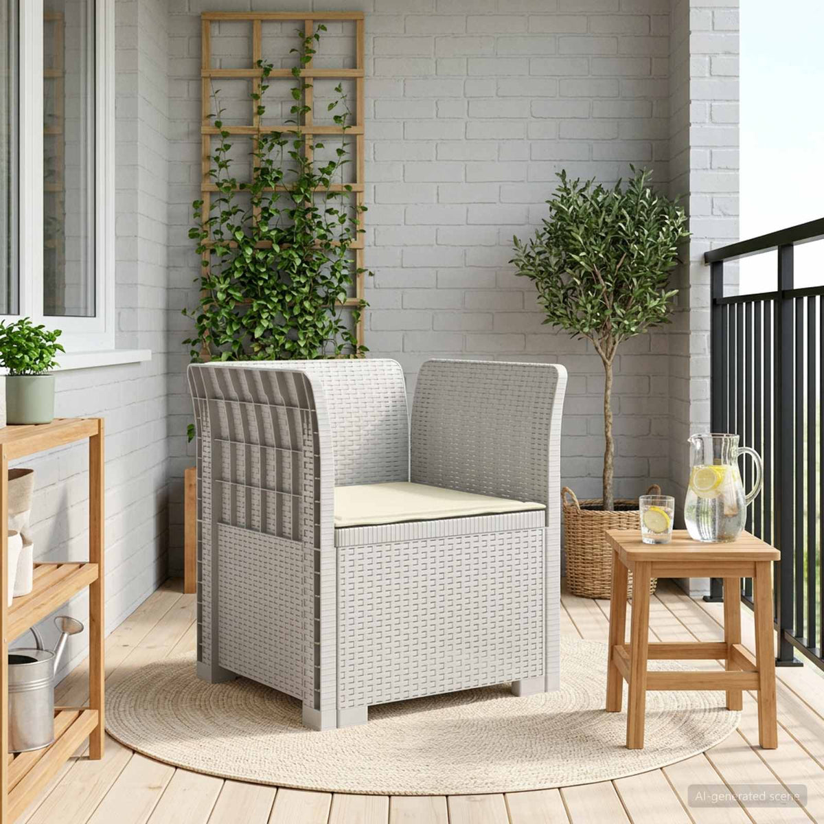 1-Seater with Cushion Rattan Look PP White Armchair with cream seat cushion