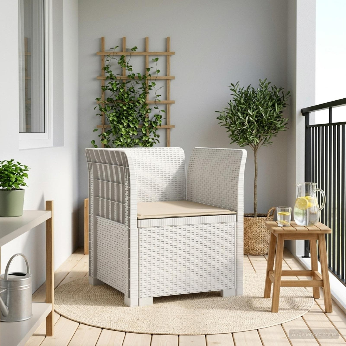 1-Seater with Cushion Rattan Look PP White Armchair with taupe seat cushion