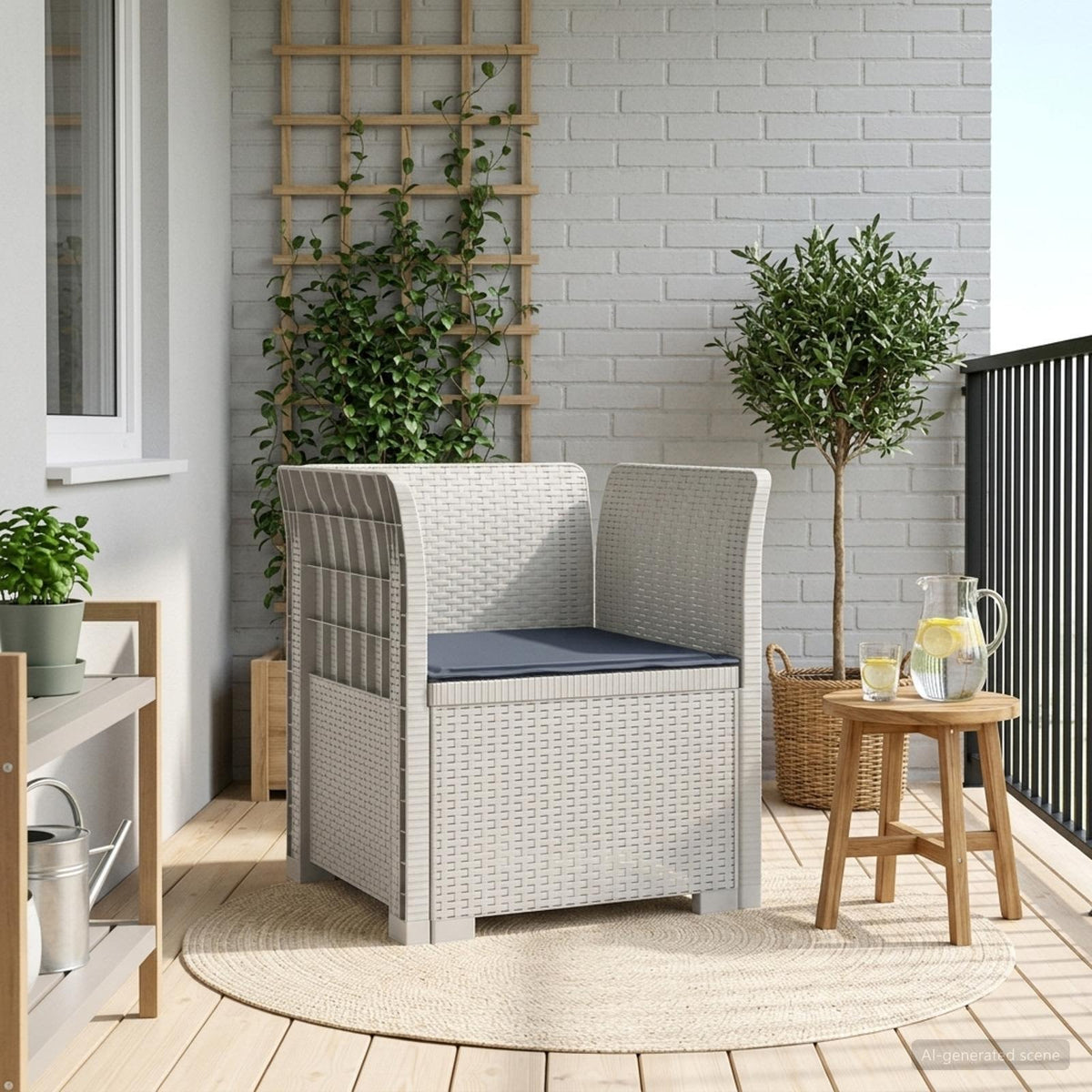 1-Seater with Cushion Rattan Look PP White Armchair with light grey seat cushion