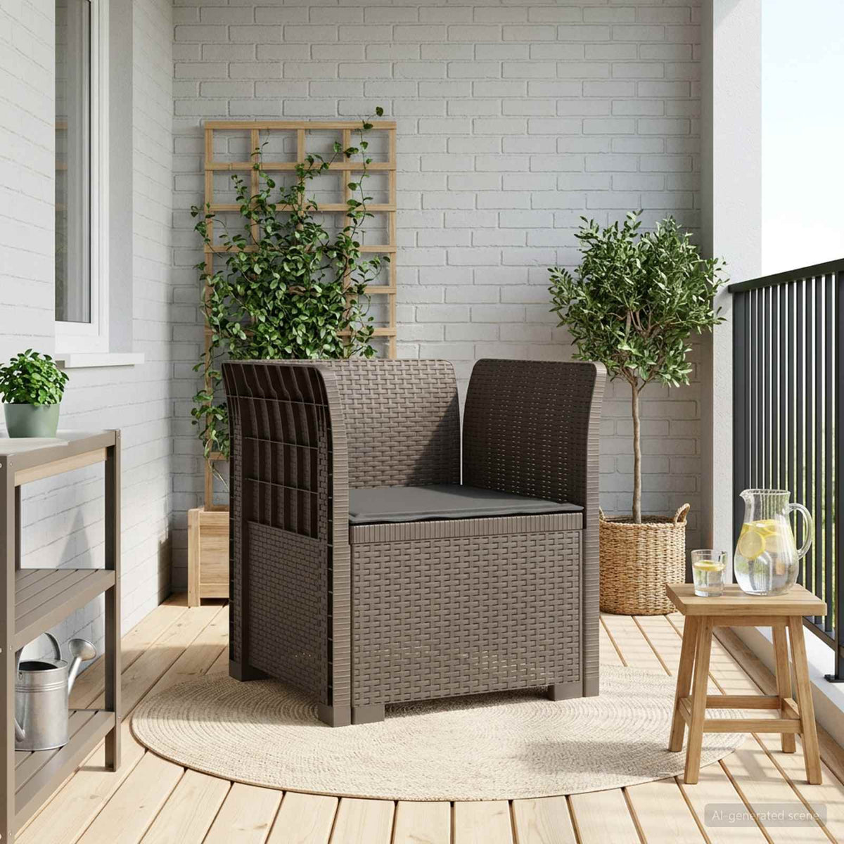 1-Seater with Cushion Rattan Look PP Light Grey Armchair with anthracite seat cushion