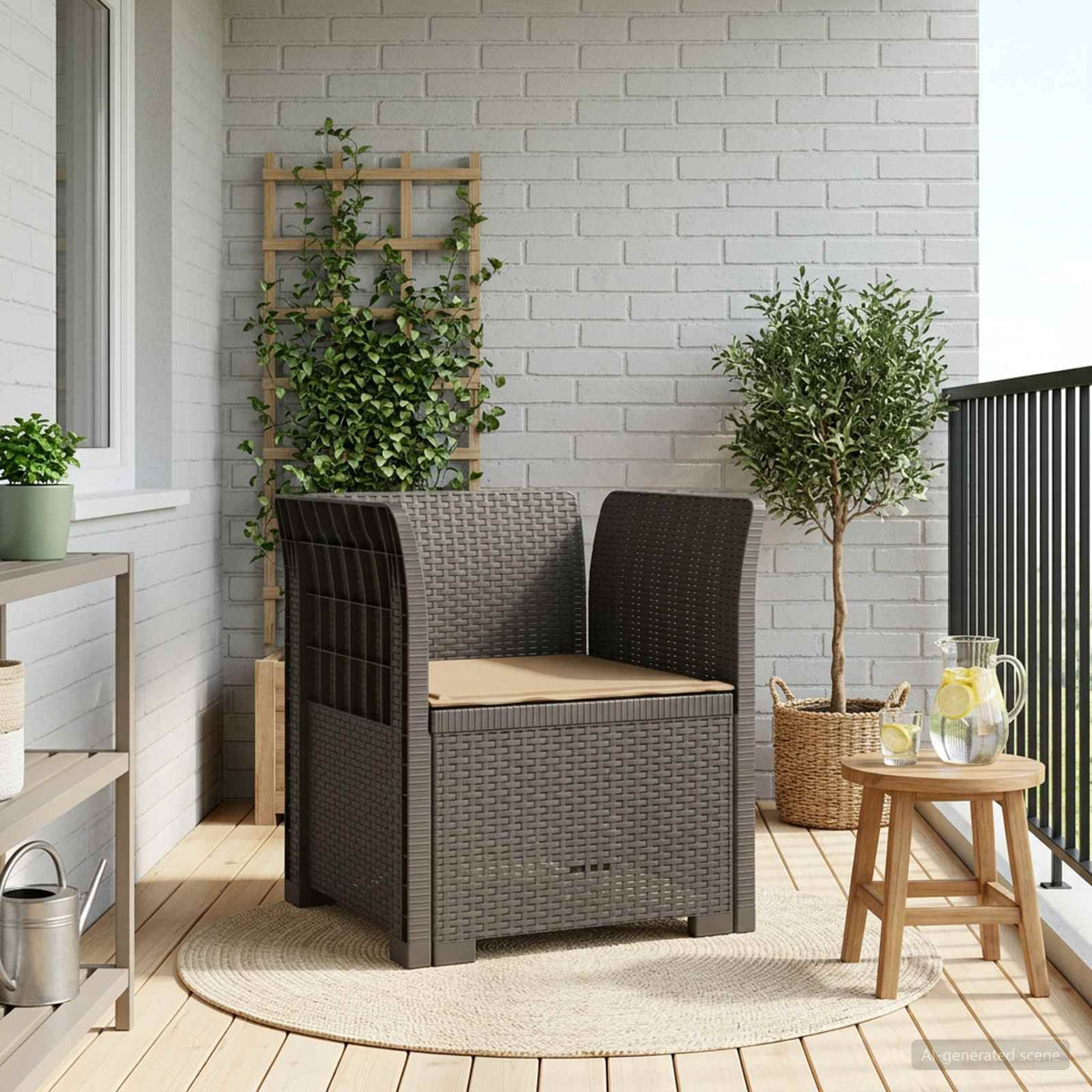 1-Seater with Cushion Rattan Look PP Light Grey Armchair with taupe seat cushion