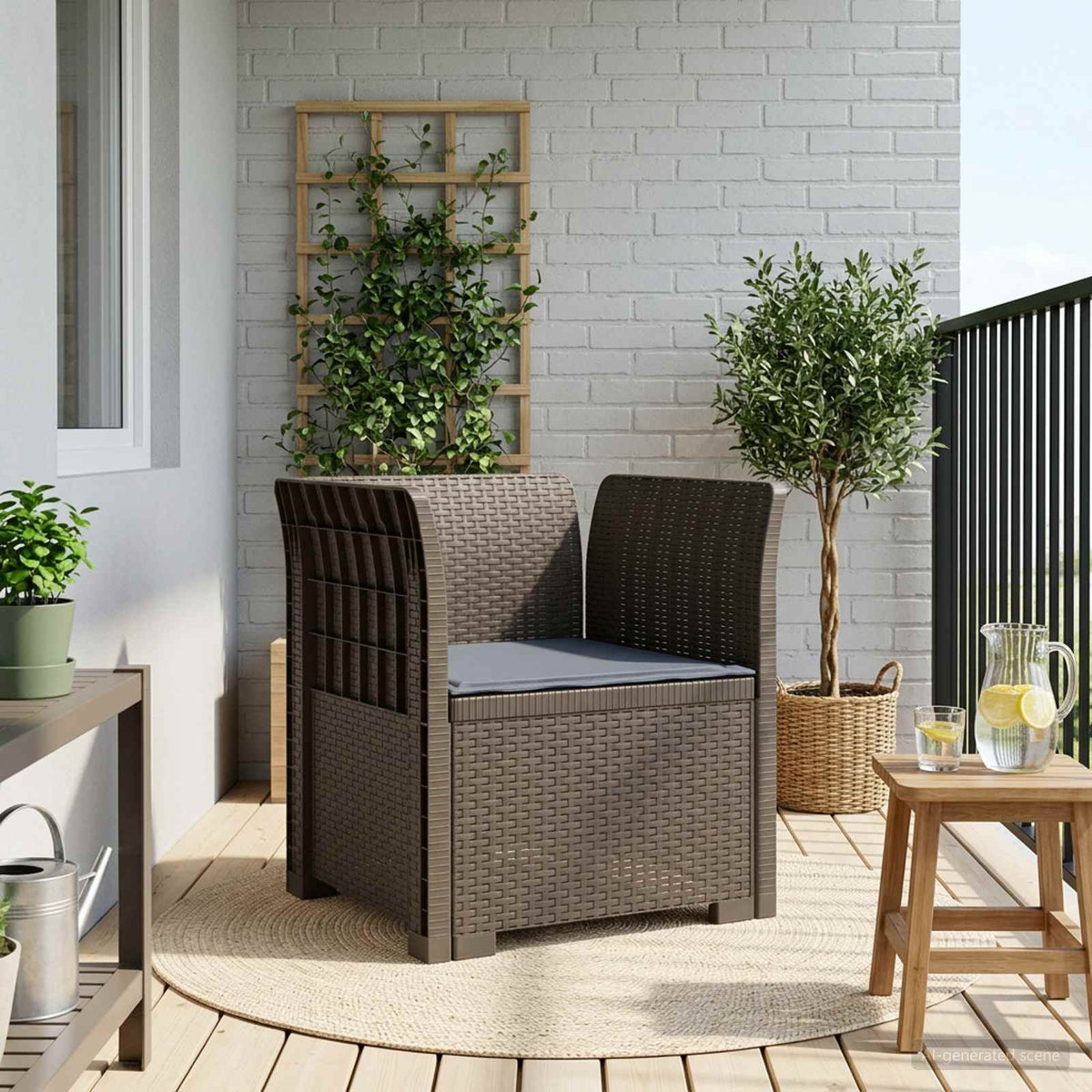 1-Seater with Cushion Rattan Look PP Light Grey Armchair with light grey seat cushion