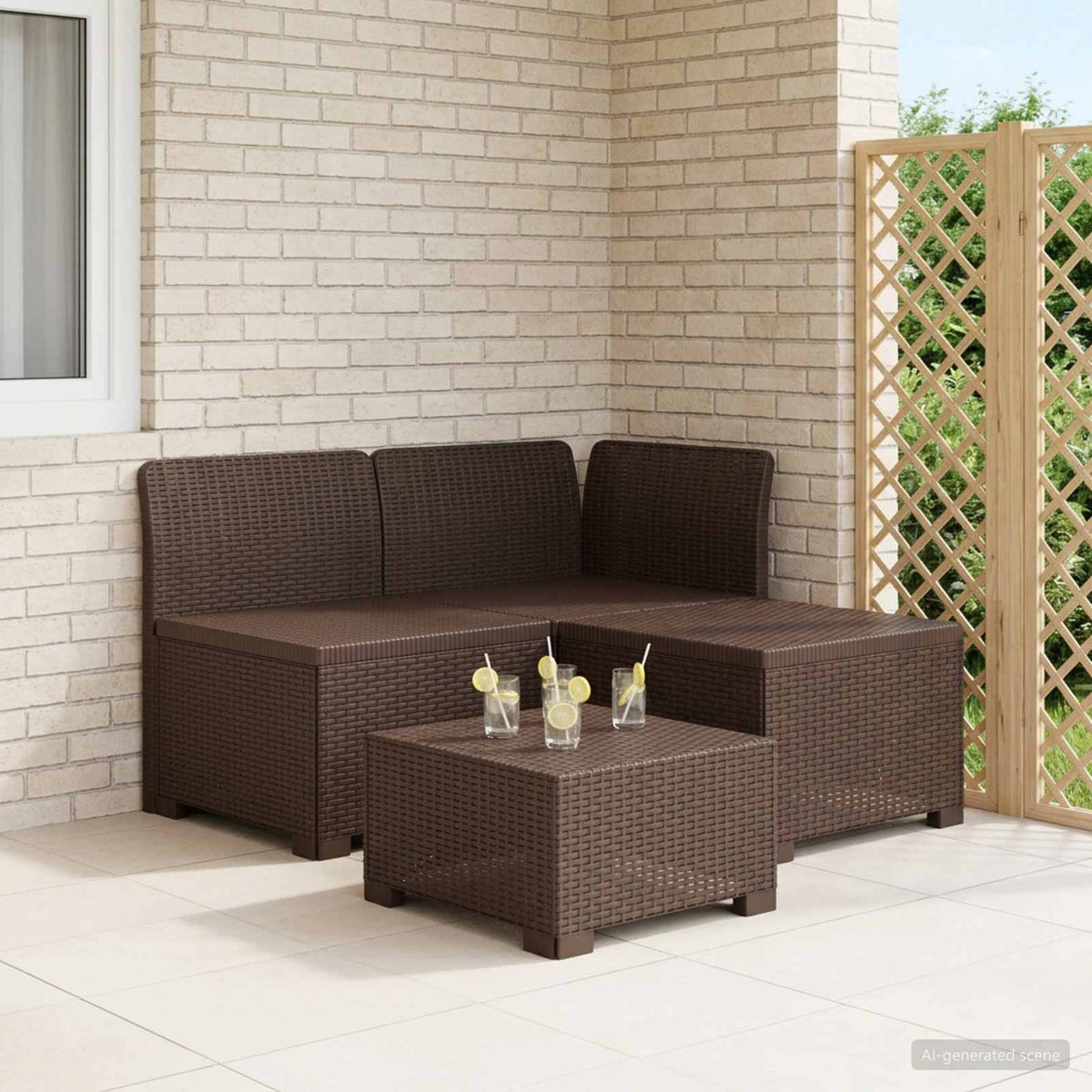 1-Seater with Cushion Rattan Look PP Brown Sofa + middle + corner without cushion