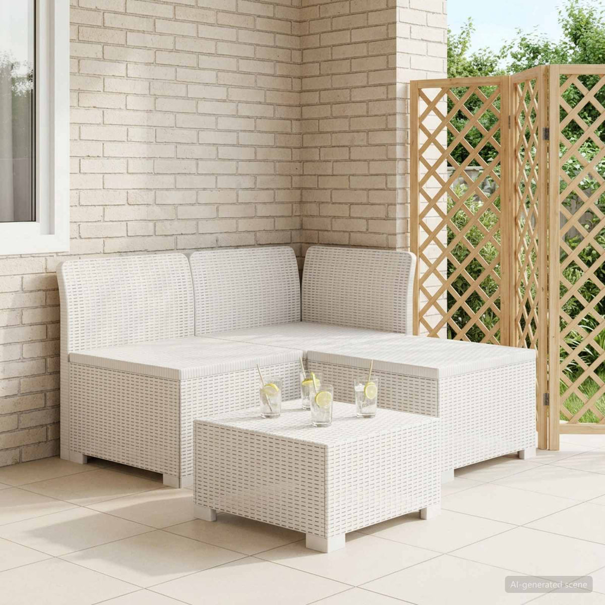 1-Seater with Cushion Rattan Look PP White Sofa + middle + corner without cushion