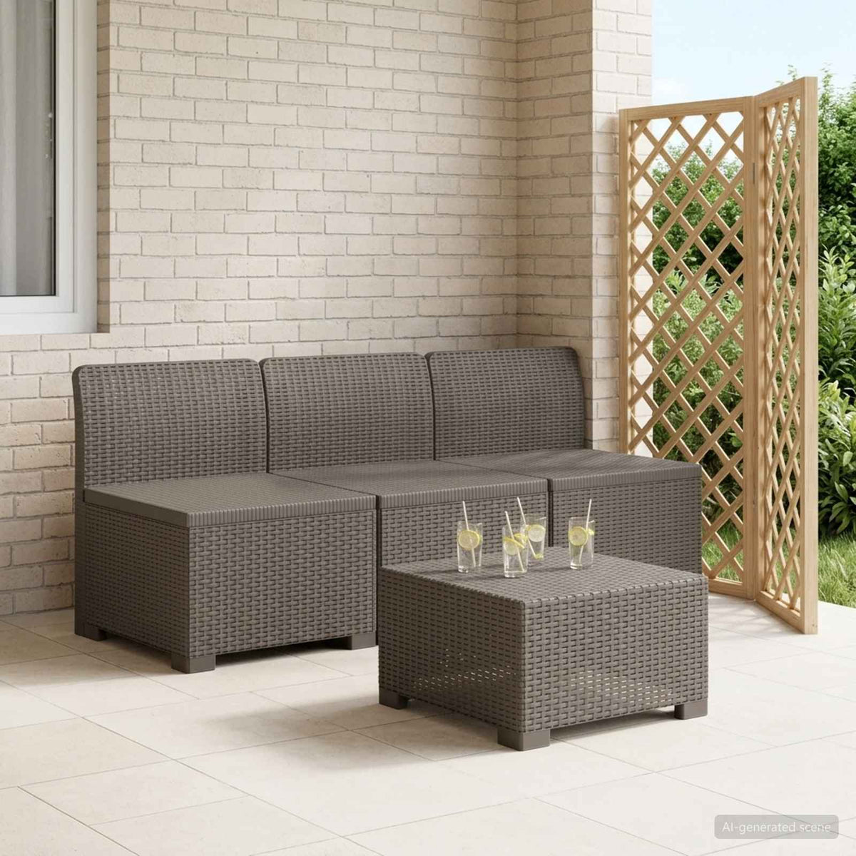 1-Seater with Cushion Rattan Look PP Light Grey 3x middle without cushion