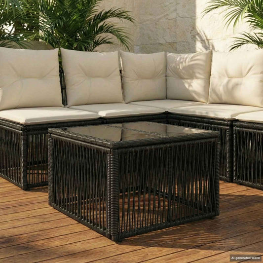 Garden Table 55 x 55 x 37 cm PE Rattan and Glass Black Glass and twist rattan