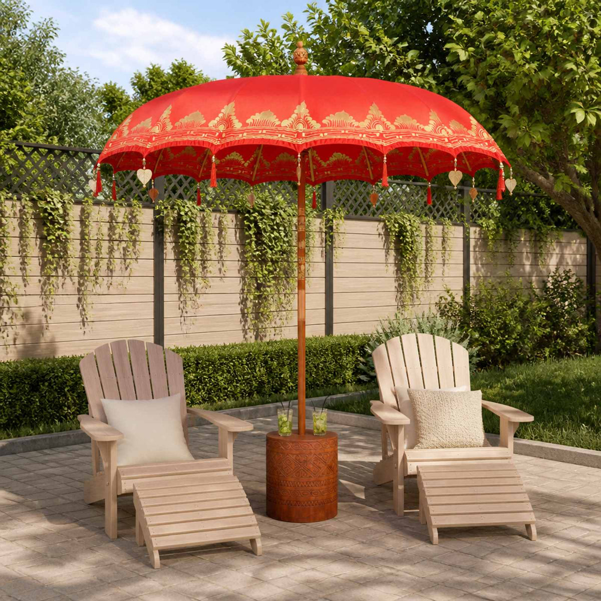 Balinese Parasol Red 180-190 Cotton and solid wood Ø 210-220 cm with brown base