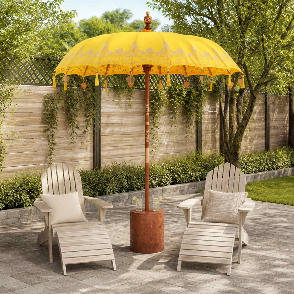 Balinese Parasol with Base Yellow 185 x 185 x 260 cm Ø 180-190 cm with brown base
