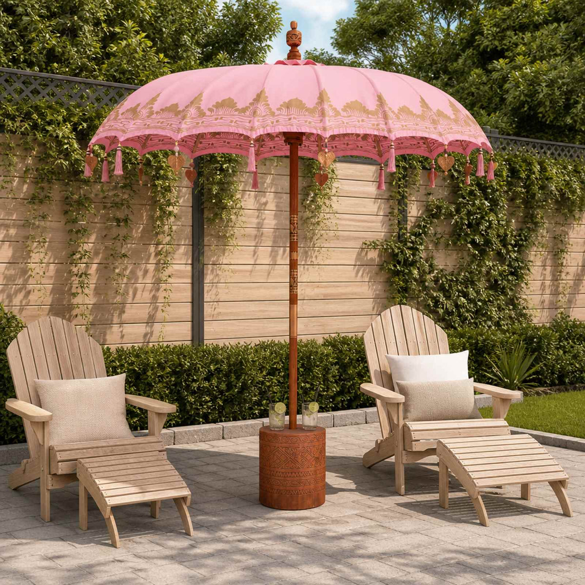 vidaXL Balinese Parasol with Base Ø 180-190 cm Pink and Brown 1