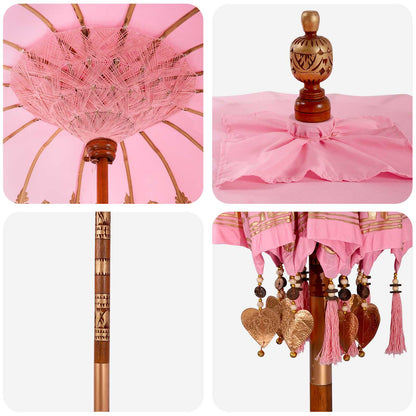 vidaXL Balinese Parasol with Base Ø 180-190 cm Pink and Brown 5