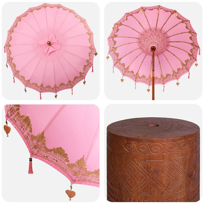 vidaXL Balinese Parasol with Base Ø 180-190 cm Pink and Brown 6