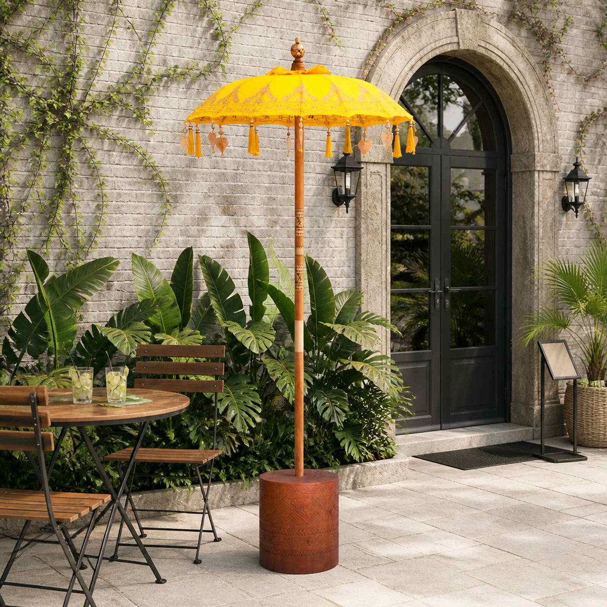 vidaXL Balinese Parasol with Base 2 pcs Yellow 1