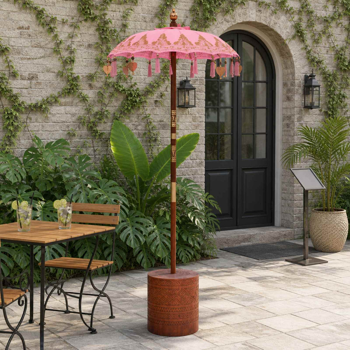vidaXL Balinese Parasol with Base 2 pcs Pink 1
