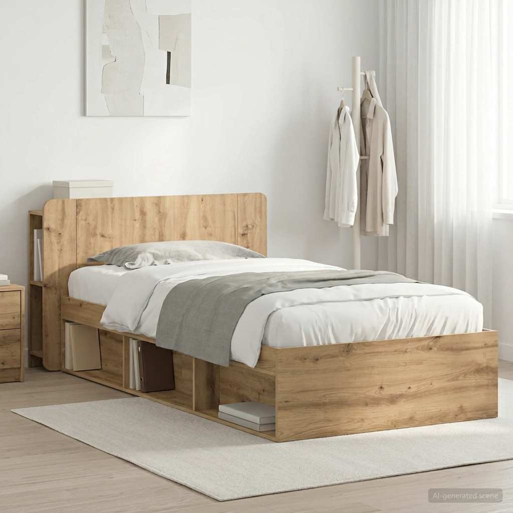 vidaXL Bed Frame with Storage Engineered Wood Length 200 cm without Centre Shelf Artisan Oak