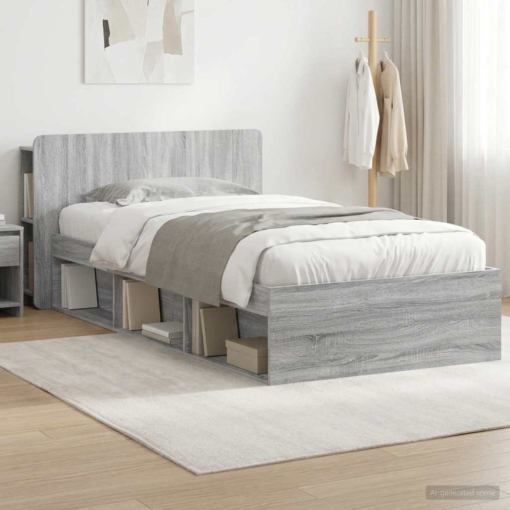 Bed Frame with Storage Engineered Wood Length 200 cm without Centre Shelf Grey Sonoma 100 cm