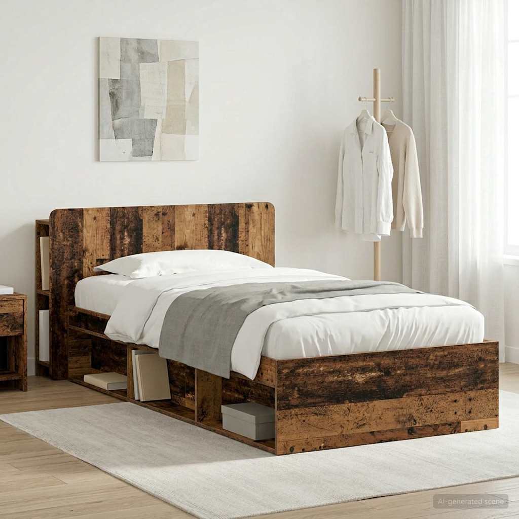 vidaXL Bed Frame with Storage Engineered Wood Length 200 cm without Centre Shelf Old Wood