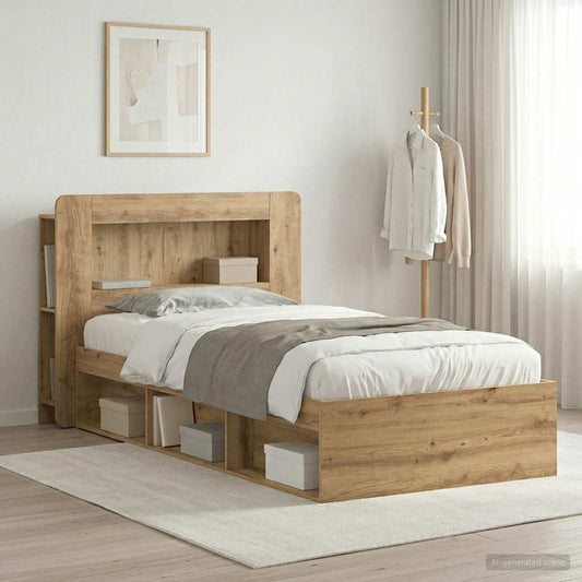 Bed Frame with Storage 90 x 200 cm Engineered Wood with Centre Shelf Artisan oak