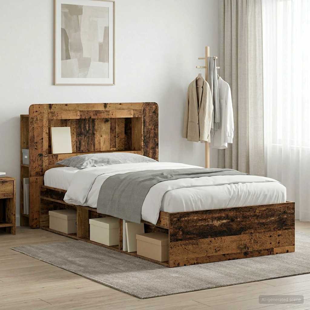 Bed Frame with Storage 90 x 200 cm Engineered Wood with Centre Shelf Old wood