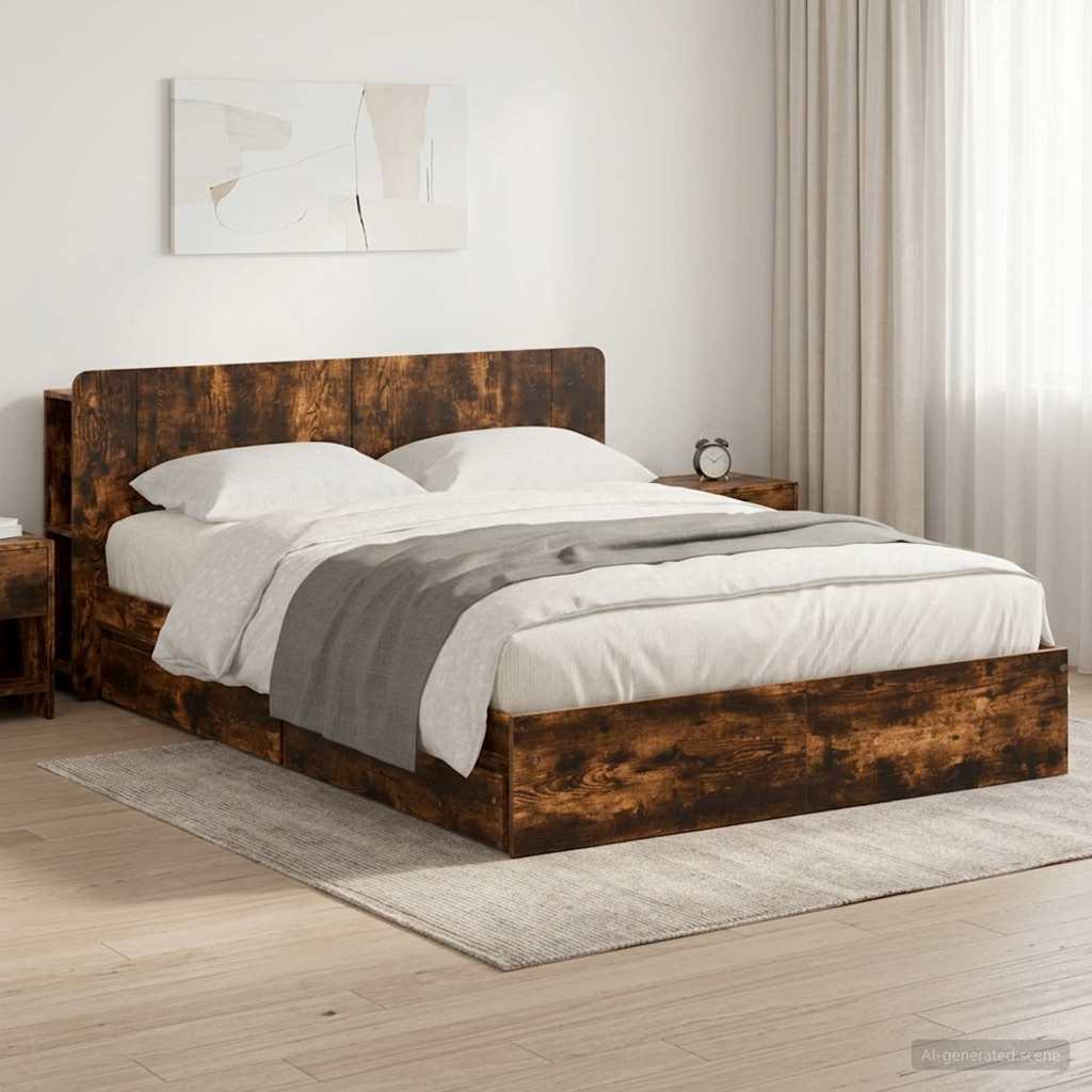vidaXL Bed Frame with Storage Smoked Oak 135 x 190 cm Engineered Wood 1