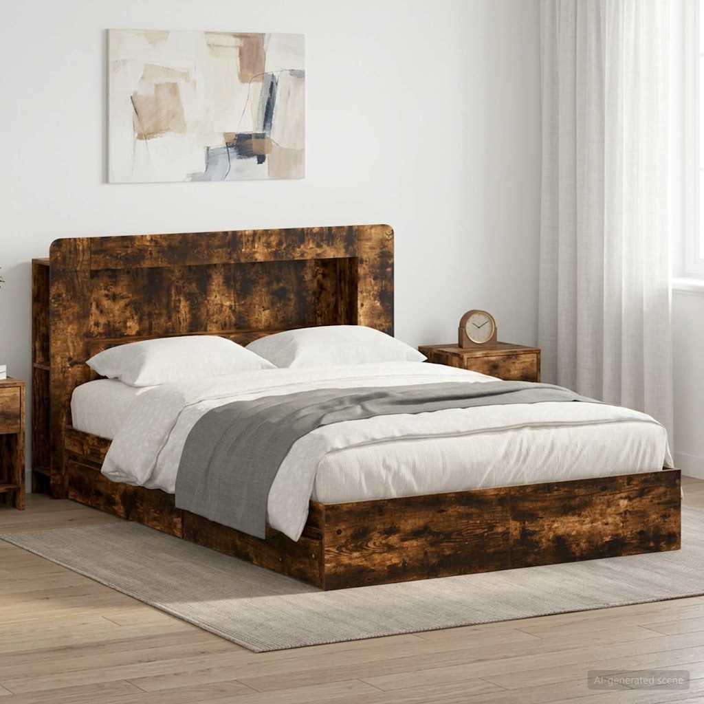 vidaXL Bed Frame with Storage Smoked Oak 135 x 190 cm Engineered Wood 1