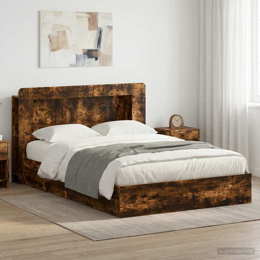 vidaXL Bed Frame with Storage Smoked Oak 135 x 190 cm Engineered Wood 1