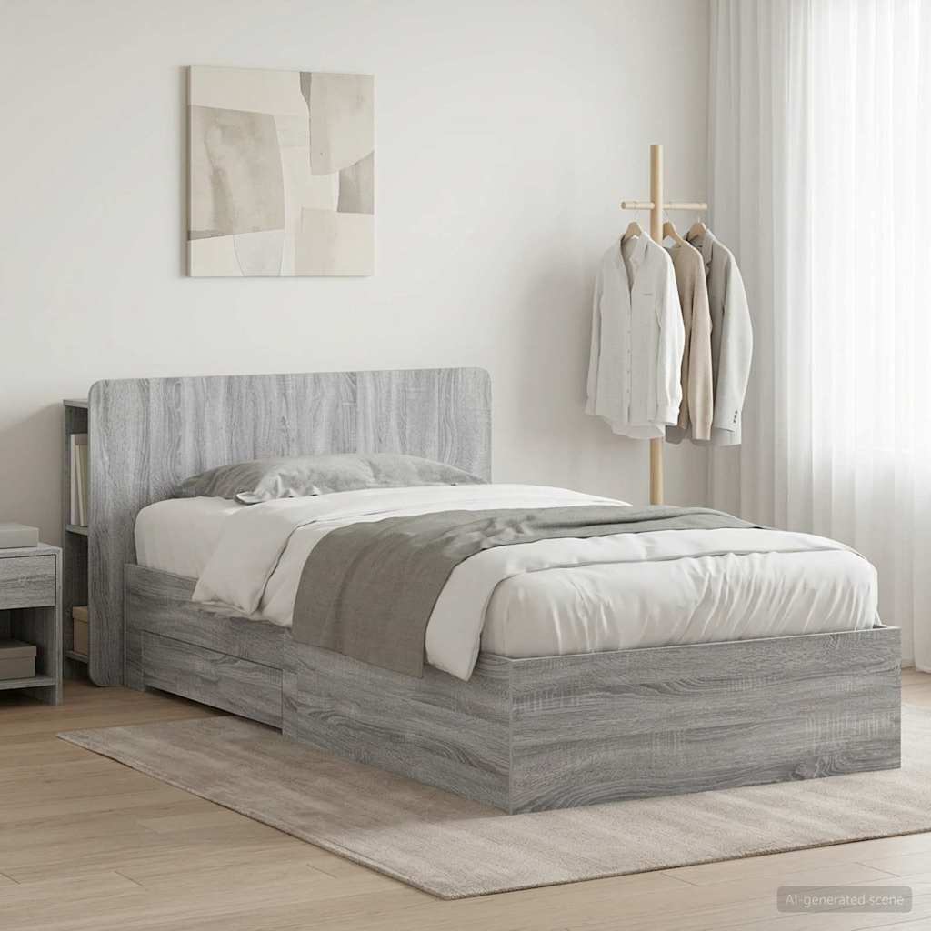 vidaXL Bed Frame with Storage Engineered Wood Length 200 cm without Centre Shelf Grey Sonoma
