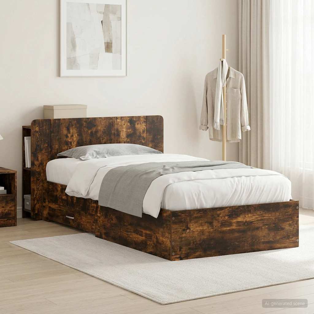 Bed Frame with Storage Engineered Wood Length 200 cm without Centre Shelf Smoked Oak 80 cm
