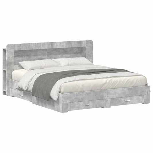 Bed Frame with Storage 200 x 200 cm Engineered Wood Length 200 cm with centre shelf Width 200 cm Concrete grey