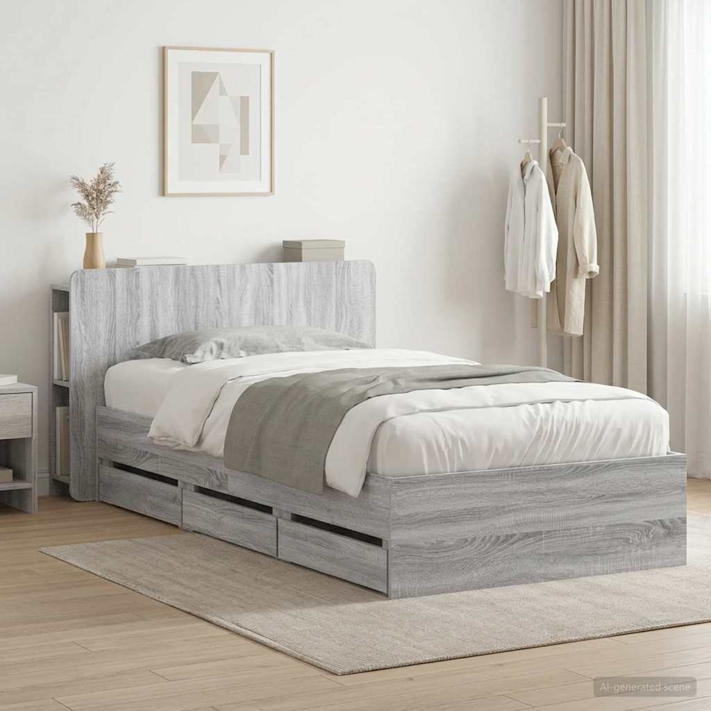vidaXL Bed Frame with Storage and Headboard Length 200 cm without Centre Shelf Grey Sonoma