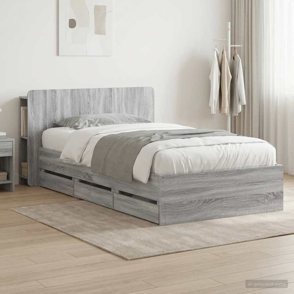 vidaXL Bed Frame with Storage and Headboard Length 200 cm without Centre Shelf Grey Sonoma