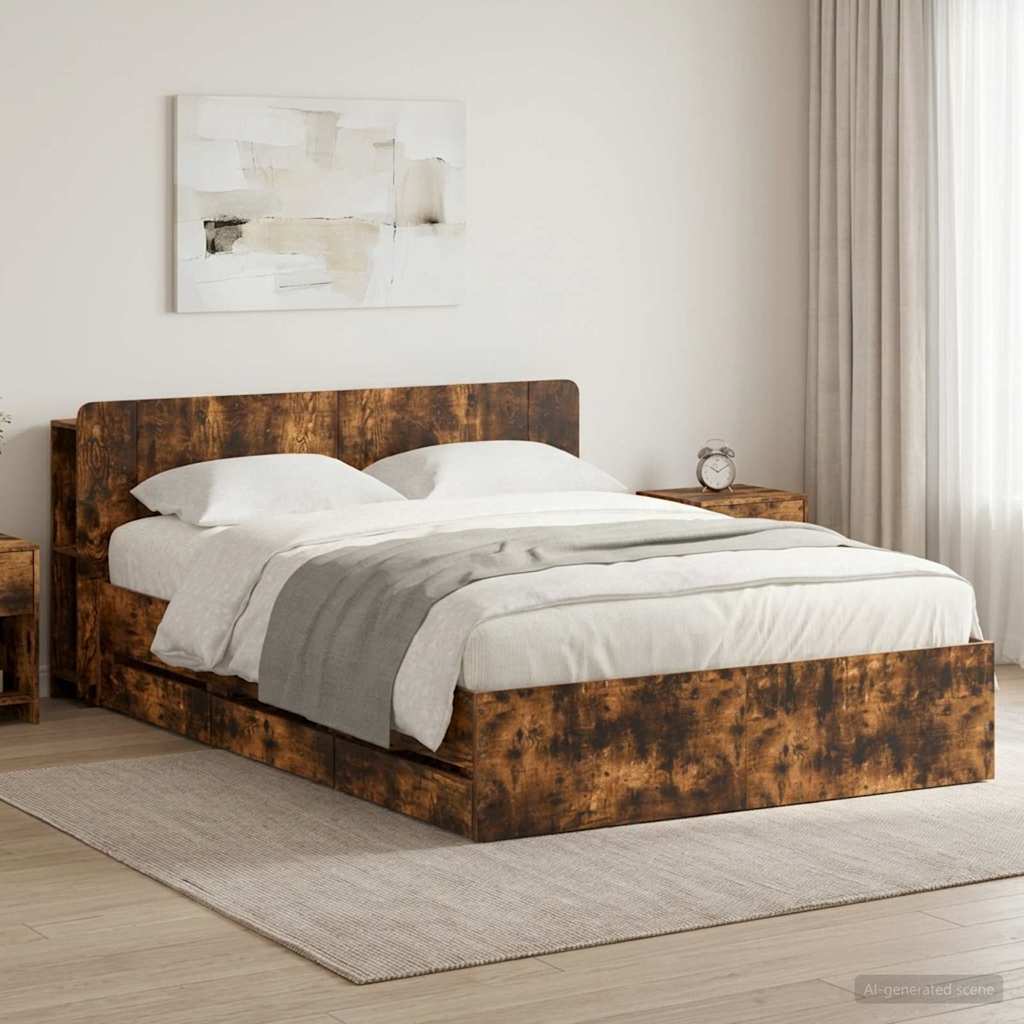 vidaXL Bed Frame with Storage and Headboard Smoked Oak 135 x 190 cm 1