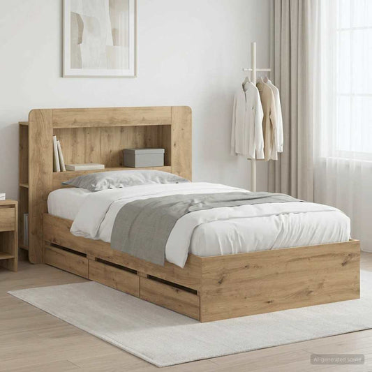 Bed Frame with Storage and Headboard Length 200 cm with centre shelf Artisan oak 80 cm