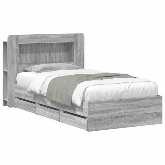 Bed Frame with Storage and Headboard Length 200 cm with centre shelf Grey sonoma 90 cm