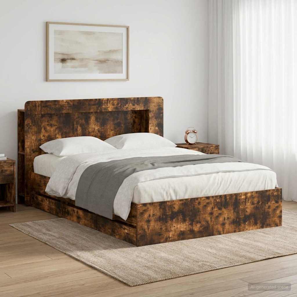 vidaXL Bed Frame with Storage and Headboard Smoked Oak 135 x 190 cm 1