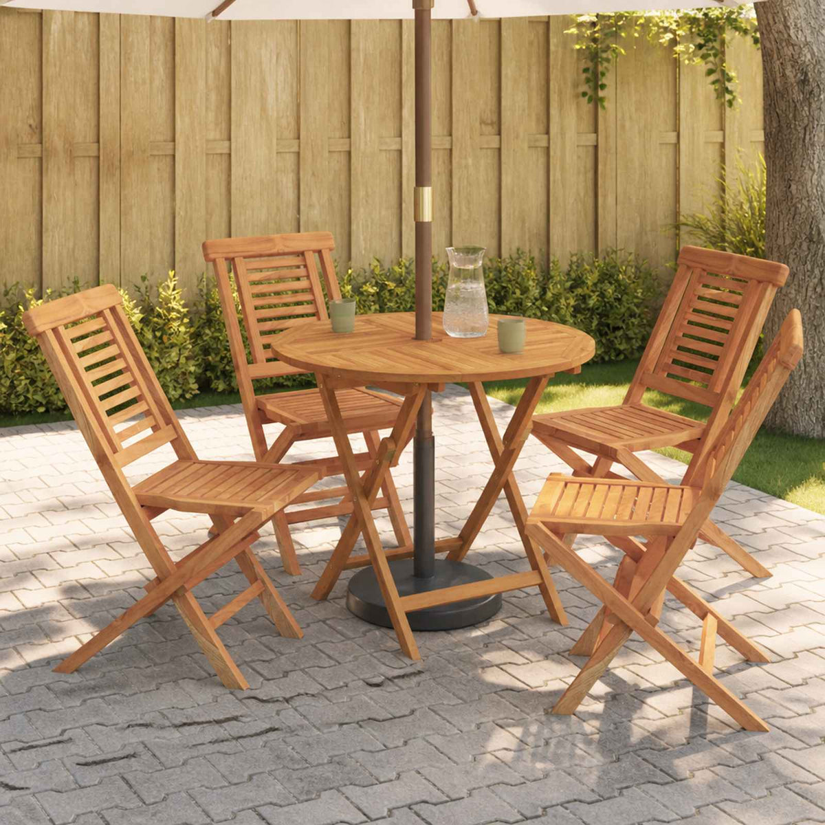 5 Piece Folding Garden Bistro Set Natural Solid Teak Wood without armrest Round