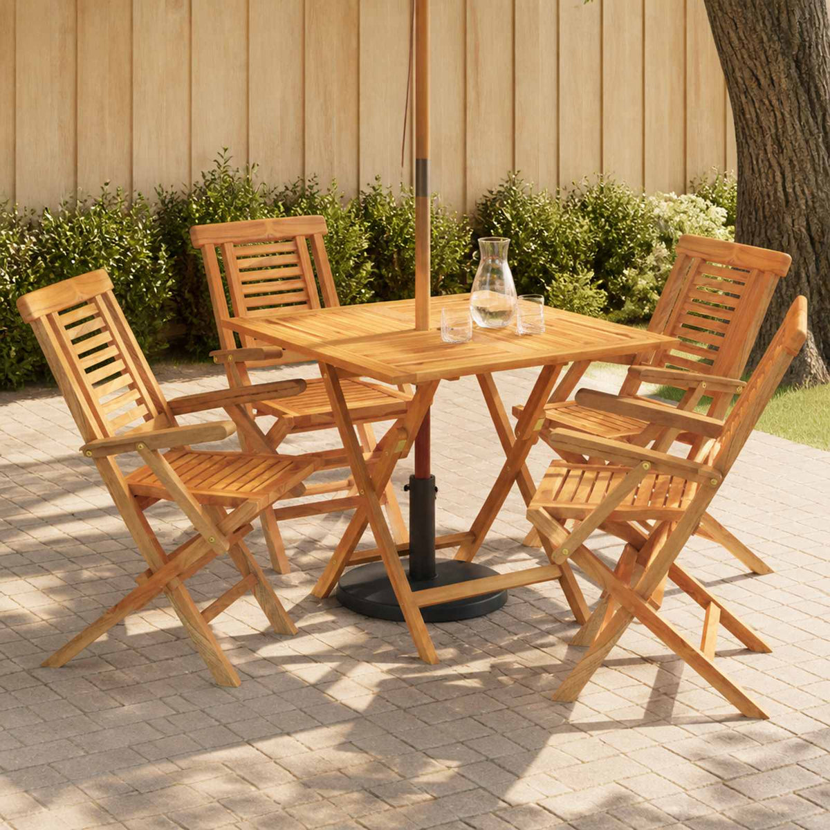 5 Piece Folding Garden Bistro Set Natural Solid Teak Wood with armrest Square