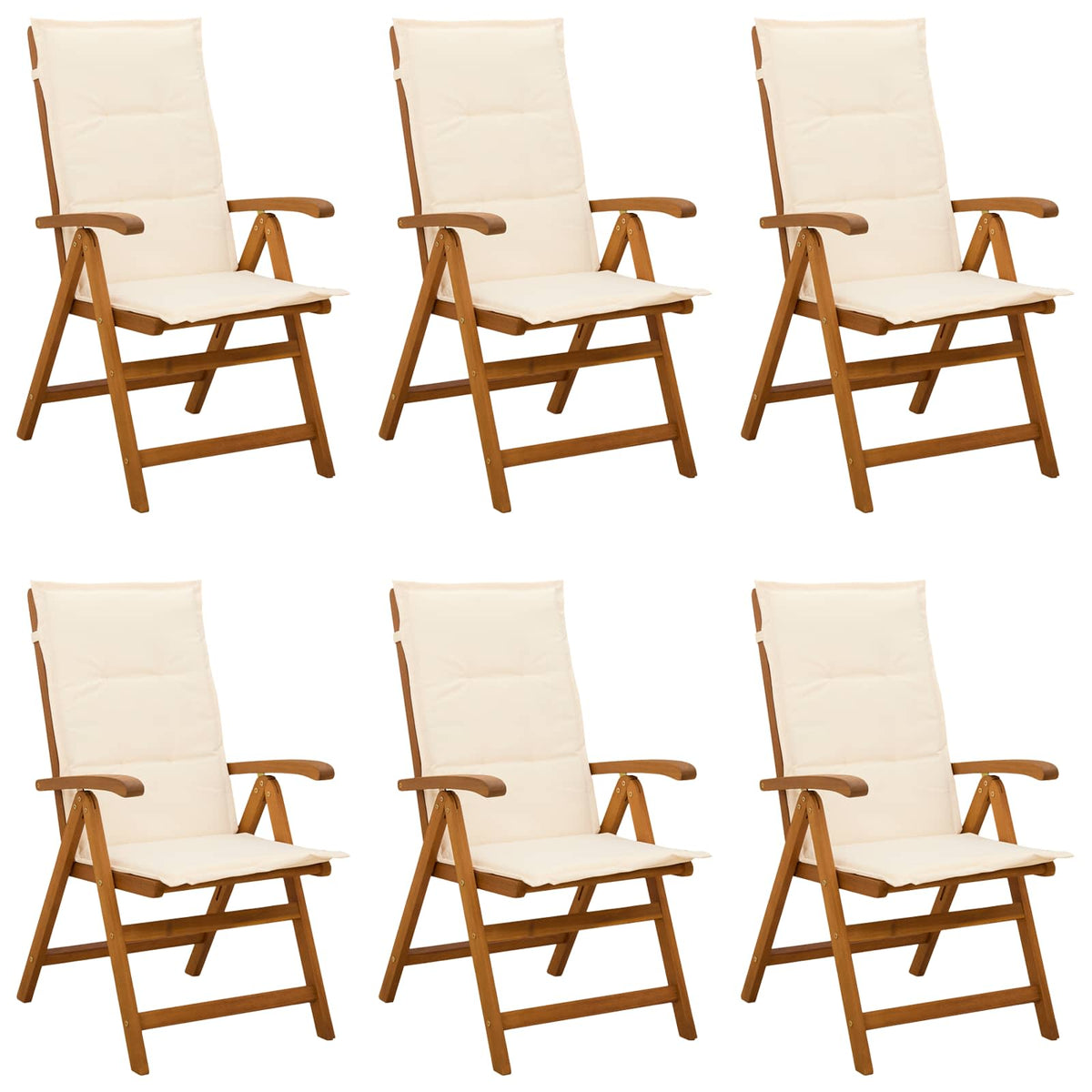 Reclining Garden Chairs Natural Solid Acacia Wood 6 pcs with cream white cushion