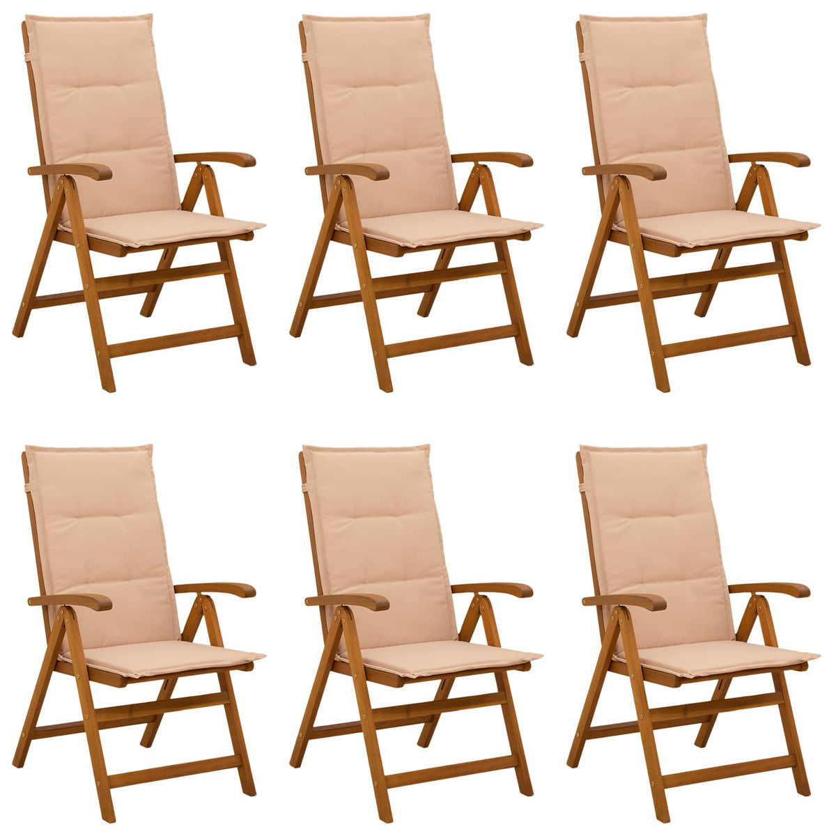 Reclining Garden Chairs Natural Solid Acacia Wood 6 pcs with beige cushion