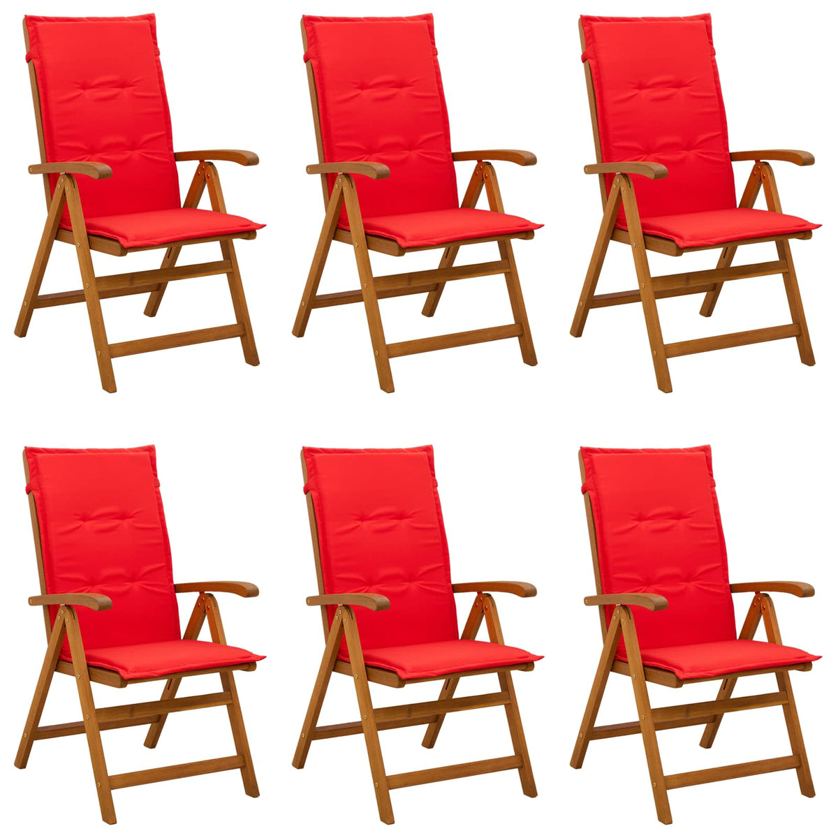 Reclining Garden Chairs Natural Solid Acacia Wood 6 pcs with red cushion