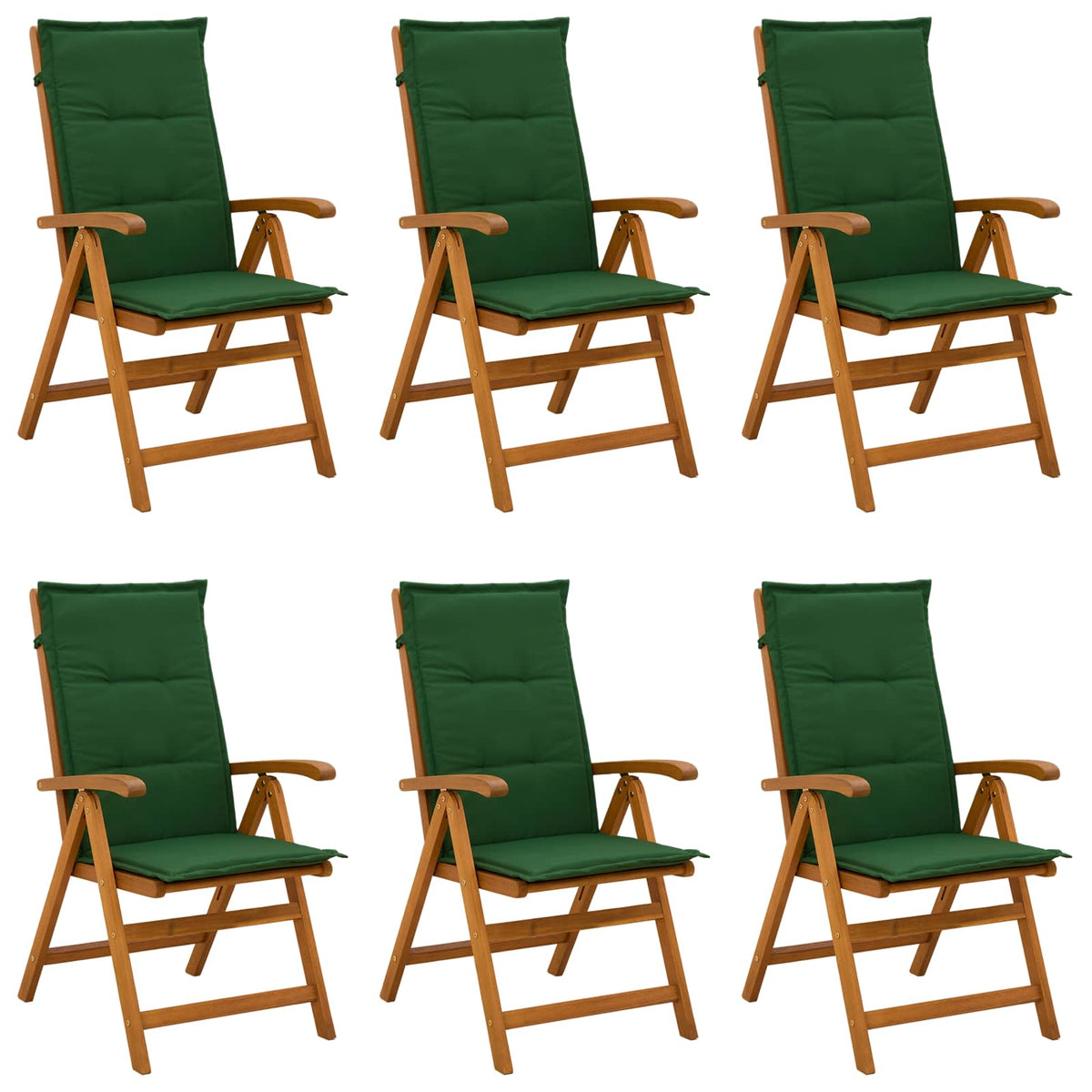Reclining Garden Chairs Natural Solid Acacia Wood 6 pcs with green cushion