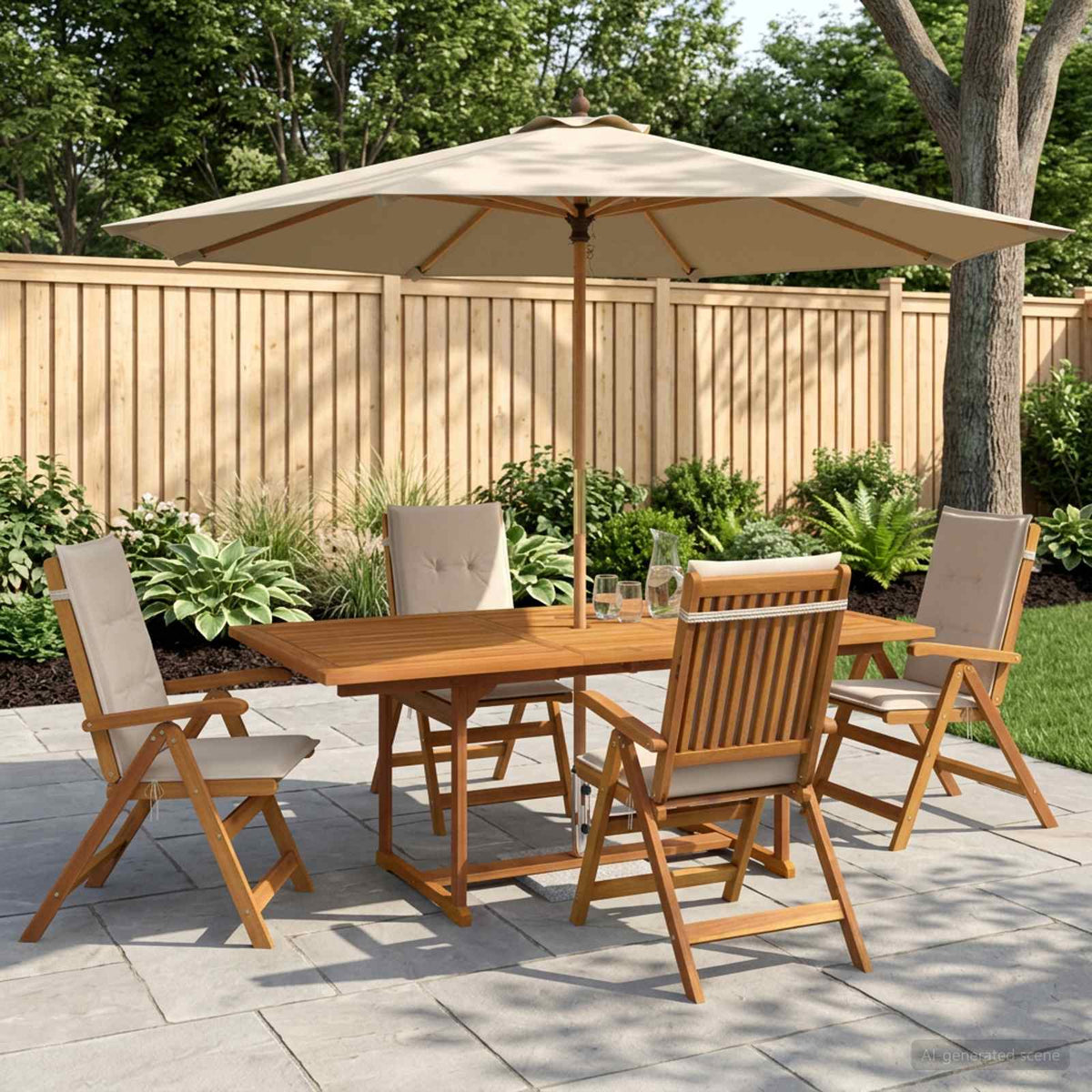 5-Piece Garden Dining Set Natural Solid Acacia Wood 4-Seater Cream white