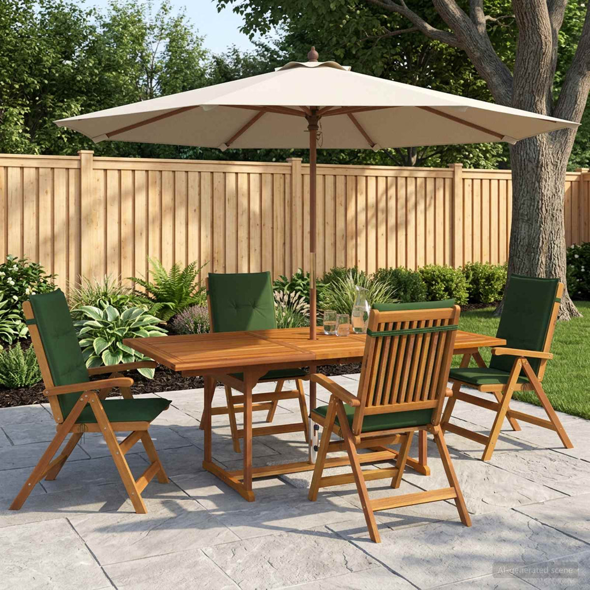 5-Piece Garden Dining Set Natural Solid Acacia Wood 4-Seater Green
