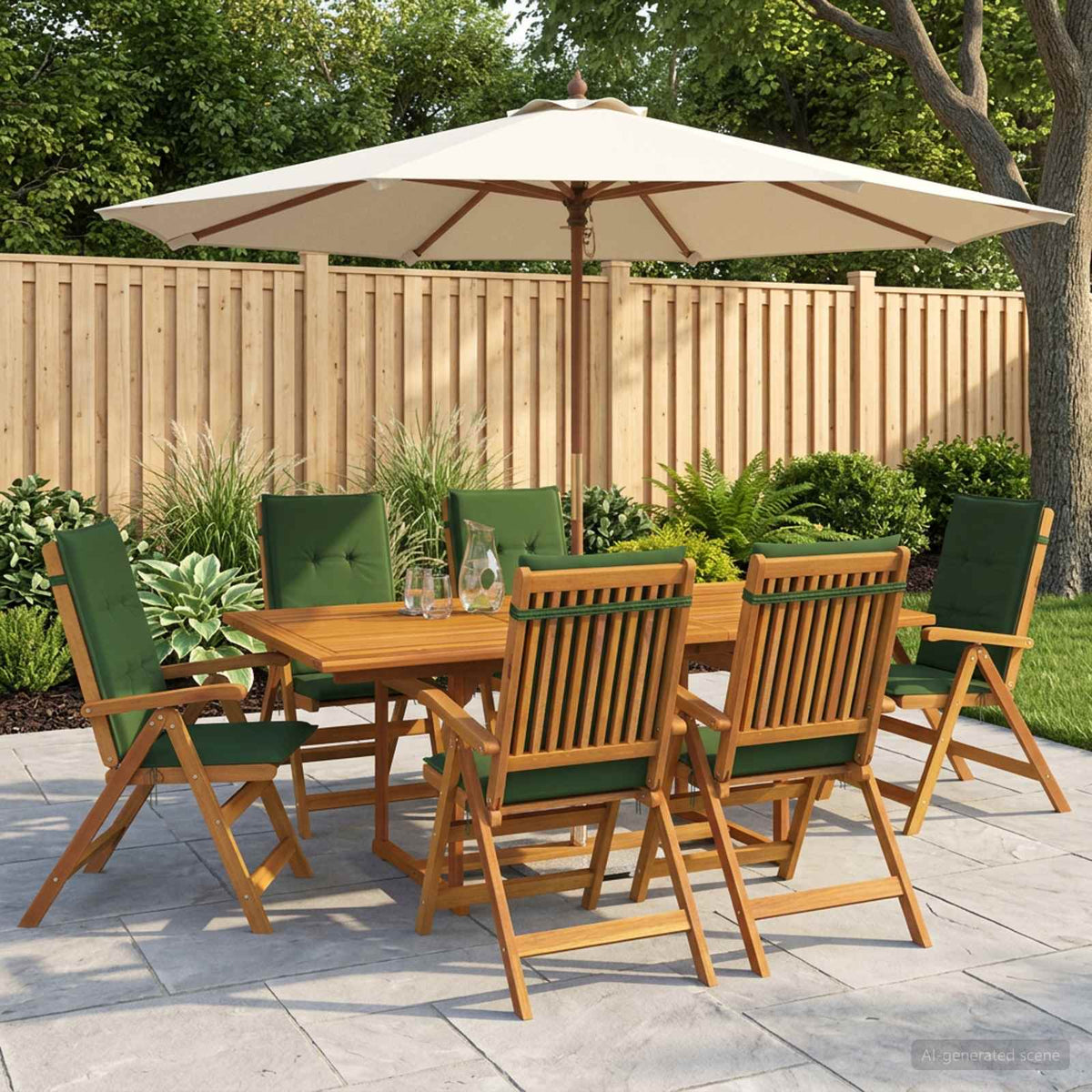 7-Piece Garden Dining Set Natural Solid Acacia Wood 6-Seater Green
